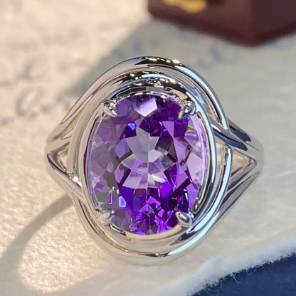 Elegant Oval Purple Gemstone Silver Ring